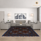 Afghan hand-knotted Mamluk carpet anchoring a modern grey living room seating arrangement — Golden Loom Afghanistan