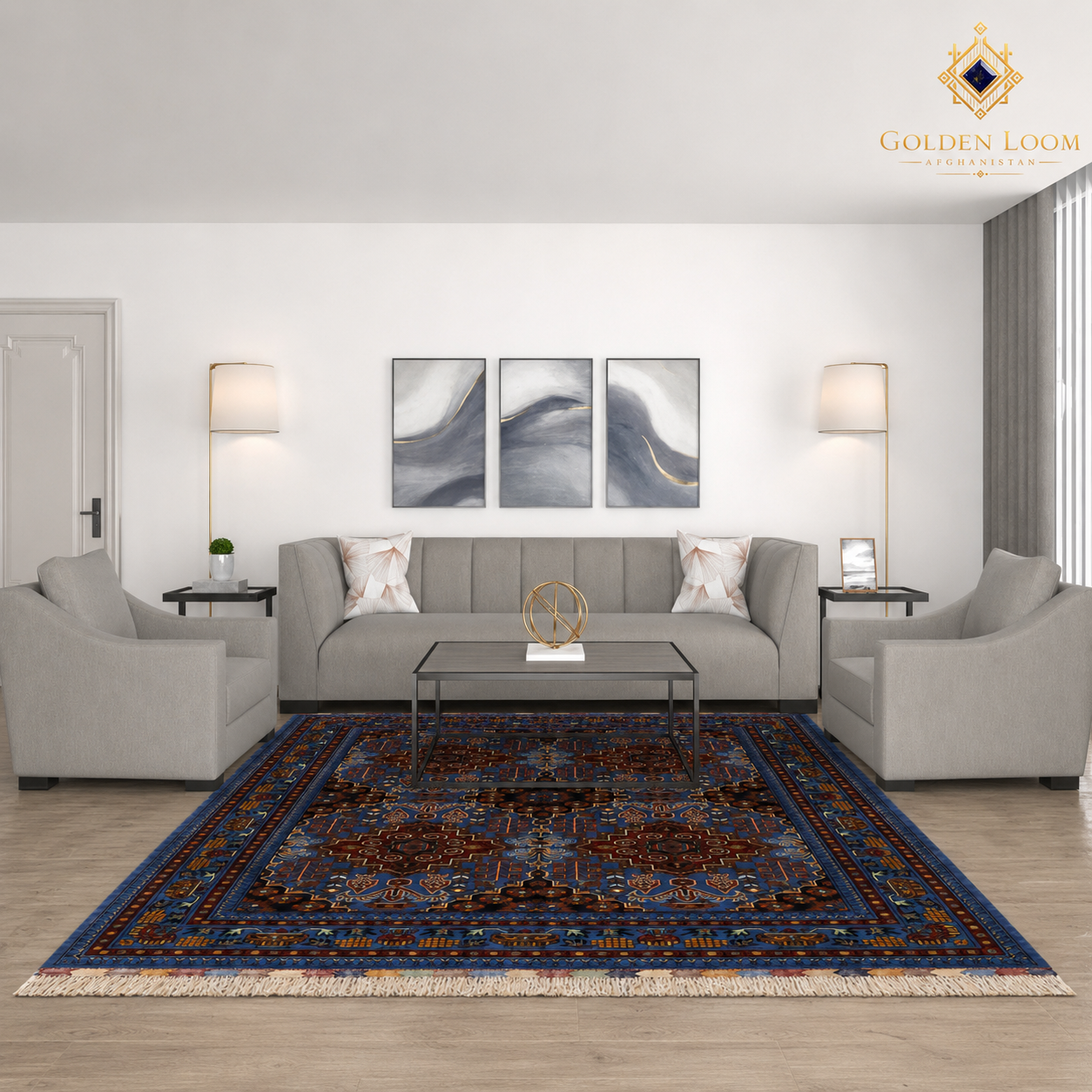 Afghan hand-knotted Mamluk carpet anchoring a modern grey living room seating arrangement — Golden Loom Afghanistan