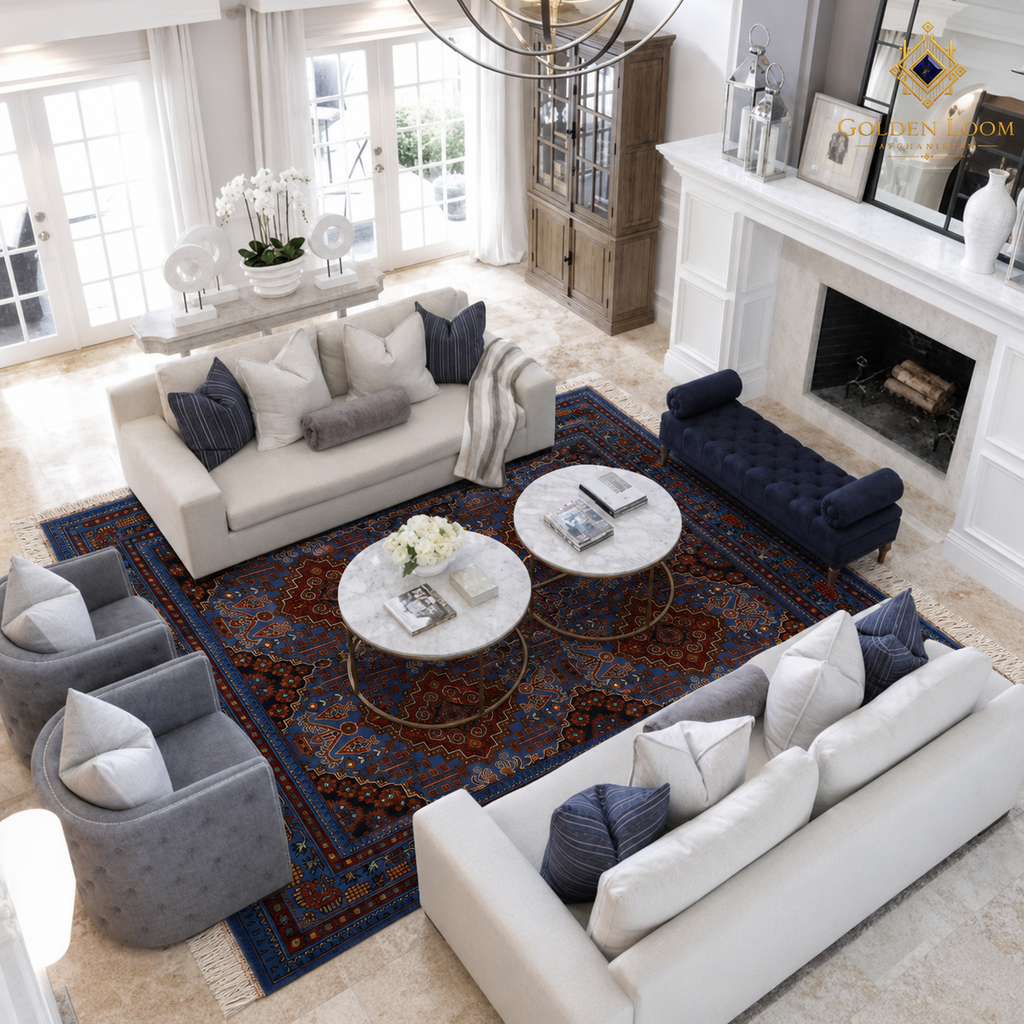 Overhead view of Afghan Mamluk carpet in a bright formal living room with white sofas and marble coffee tables — Golden Loom Afghanistan