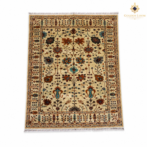 Afghan hand-knotted wool rug ivory background with rust teal and brown floral all-over pattern and knotted fringe