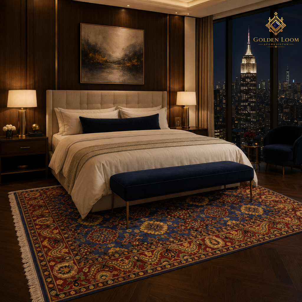 Afghan hand-knotted carpet styled in a modern luxury bedroom with city skyline view — navy blue and crimson Mamluk design by Golden Loom Afghanistan