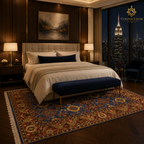 Afghan hand-knotted carpet styled in a modern luxury bedroom with city skyline view — navy blue and crimson Mamluk design by Golden Loom Afghanistan