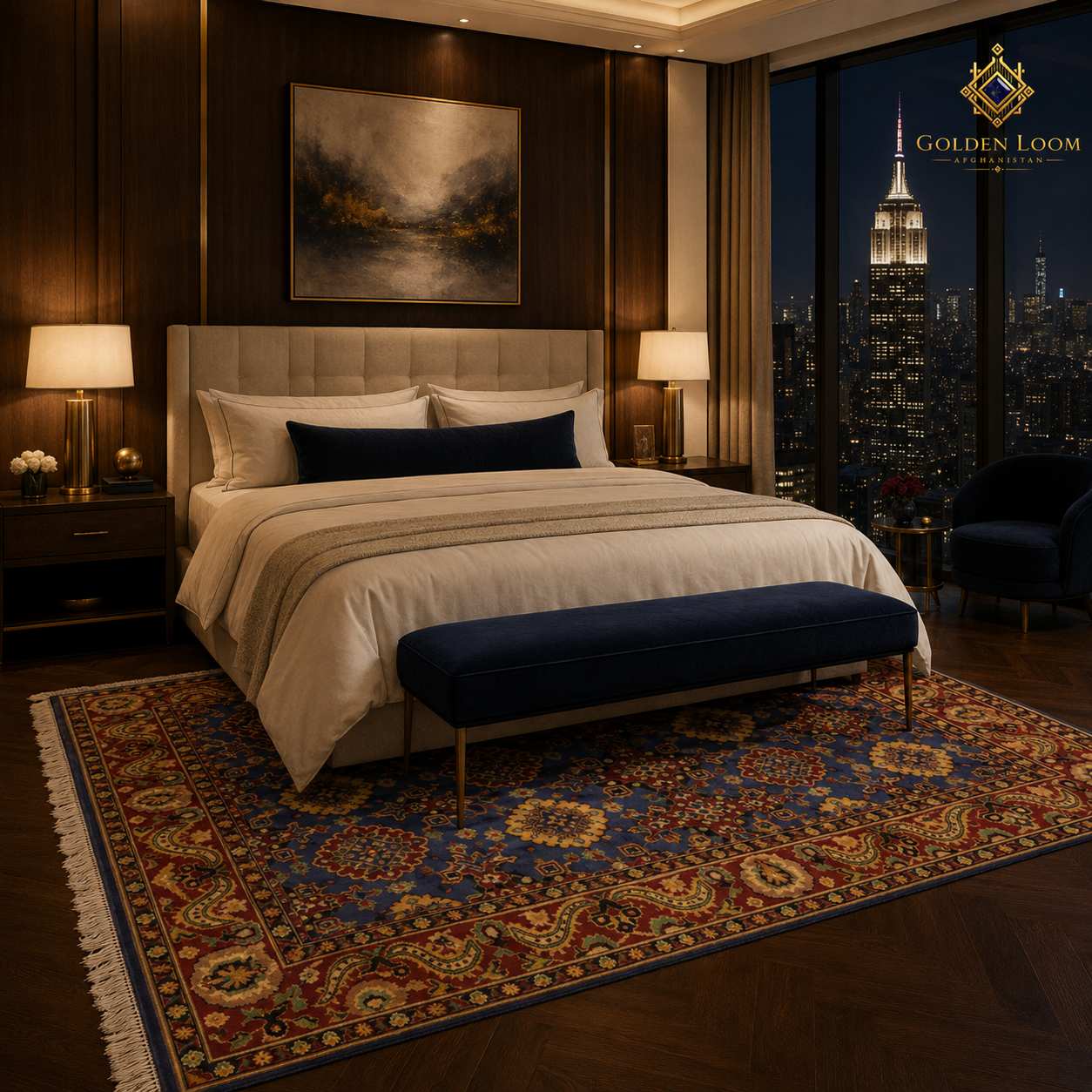 Afghan hand-knotted carpet styled in a modern luxury bedroom with city skyline view — navy blue and crimson Mamluk design by Golden Loom Afghanistan