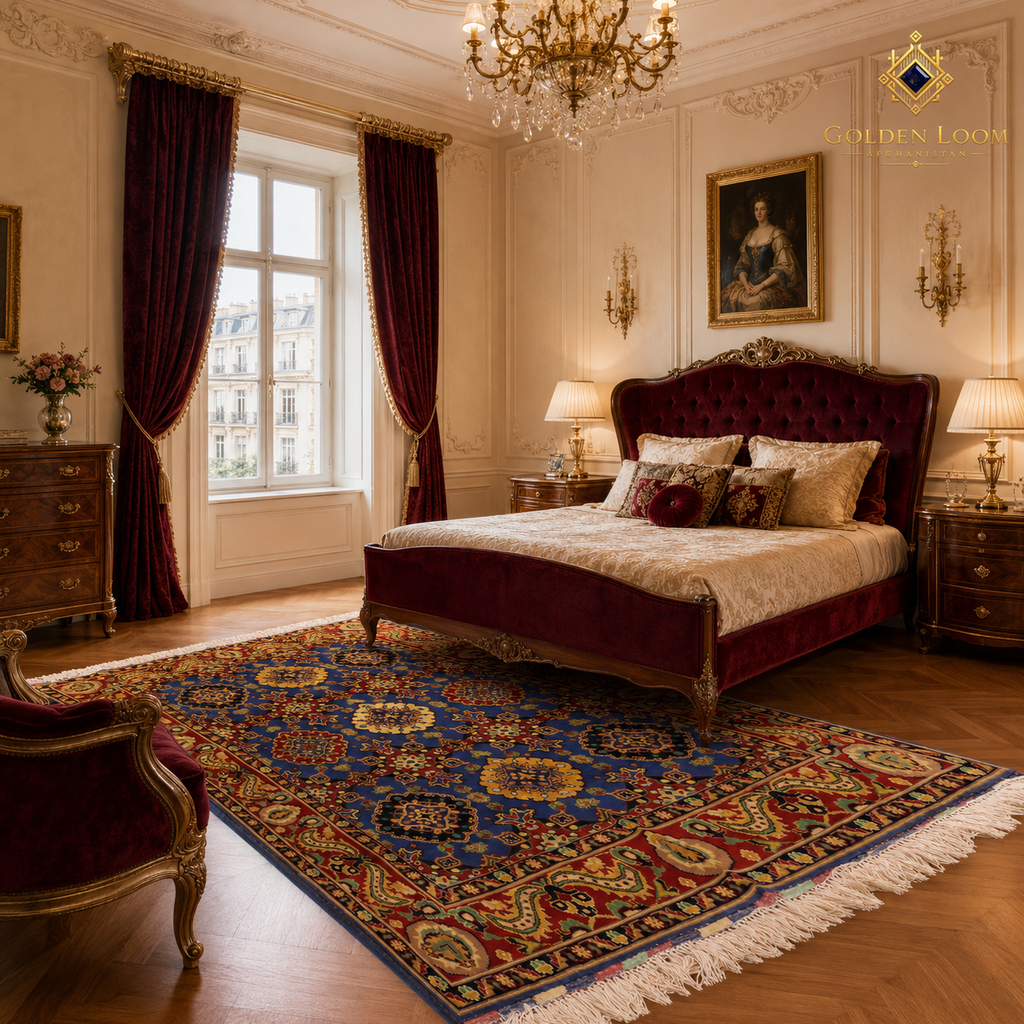 Traditional Afghan handmade rug in a European-style luxury bedroom with ornate gold chandelier — royal blue and burgundy Mamluk carpet