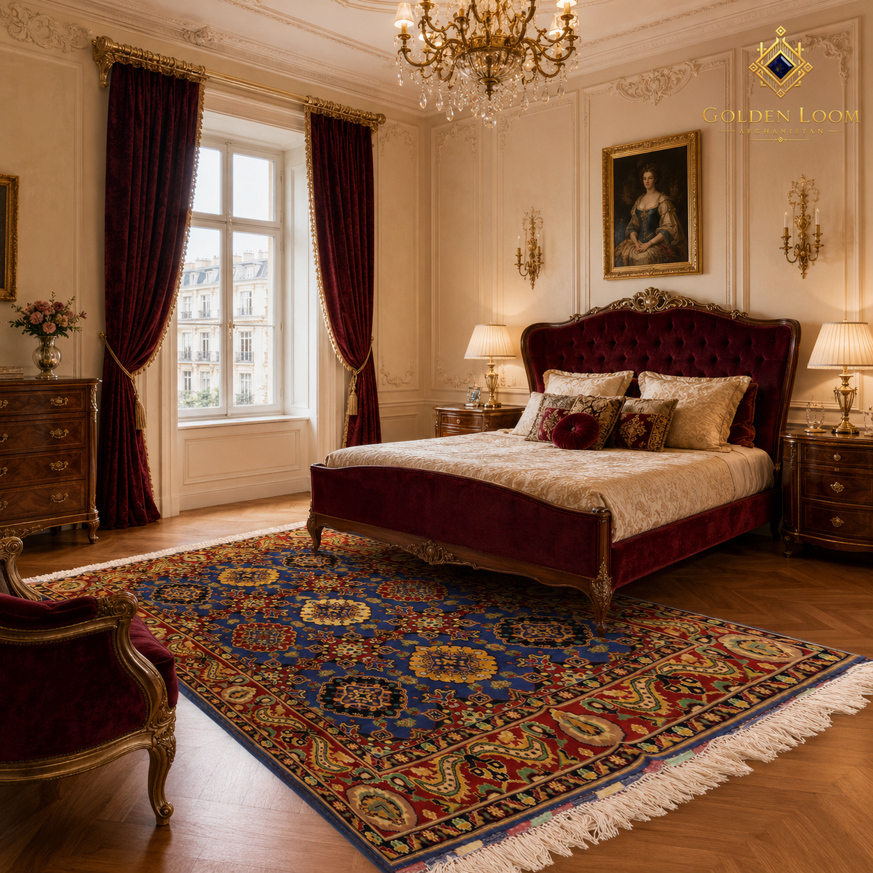 Traditional Afghan handmade rug in a European-style luxury bedroom with ornate gold chandelier — royal blue and burgundy Mamluk carpet
