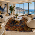 Afghan hand-knotted Mamluk rug in a contemporary luxury living room with ocean view — navy blue field and crimson border with floral medallions