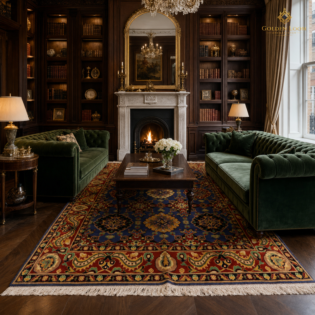 Afghan hand-knotted Mamluk rug in a dark-wood English library with green velvet Chesterfield sofas and lit fireplace — navy blue and crimson by Golden Loom Afghanistan