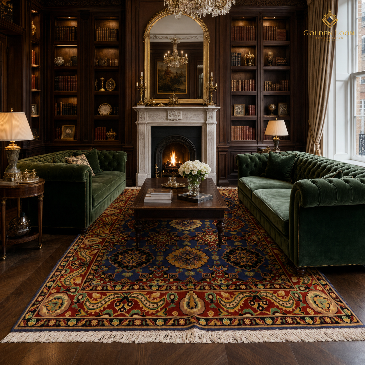 Afghan hand-knotted Mamluk rug in a dark-wood English library with green velvet Chesterfield sofas and lit fireplace — navy blue and crimson by Golden Loom Afghanistan