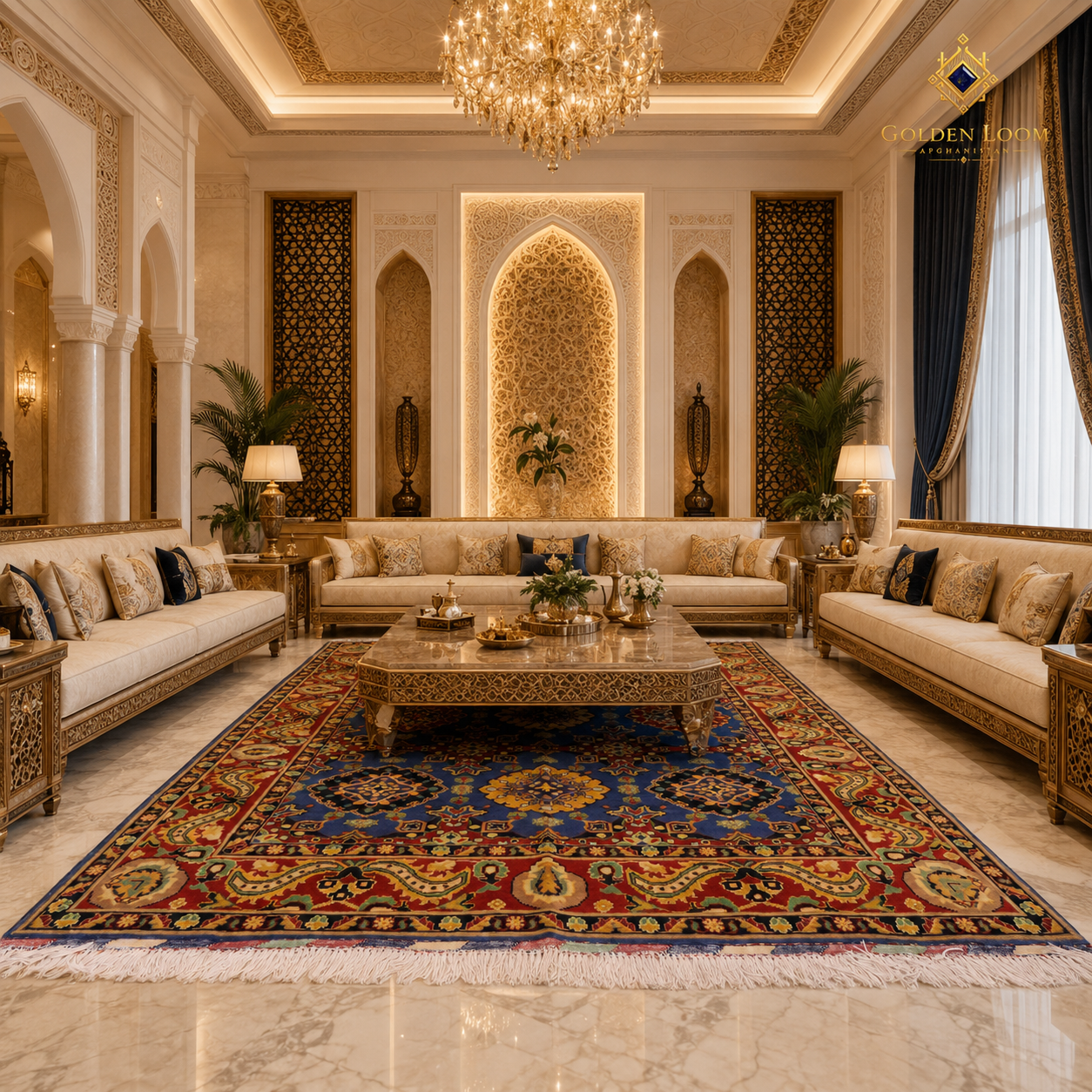 Afghan handmade carpet in a grand Arabian palace majlis with gold arabesque arches and crystal chandelier — navy blue and crimson Mamluk rug by Golden Loom Afghanistan