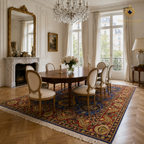 Afghan hand-knotted Mamluk rug under a Louis XVI dining table in a Parisian apartment with crystal chandelier and gold-framed mirror — navy and crimson
