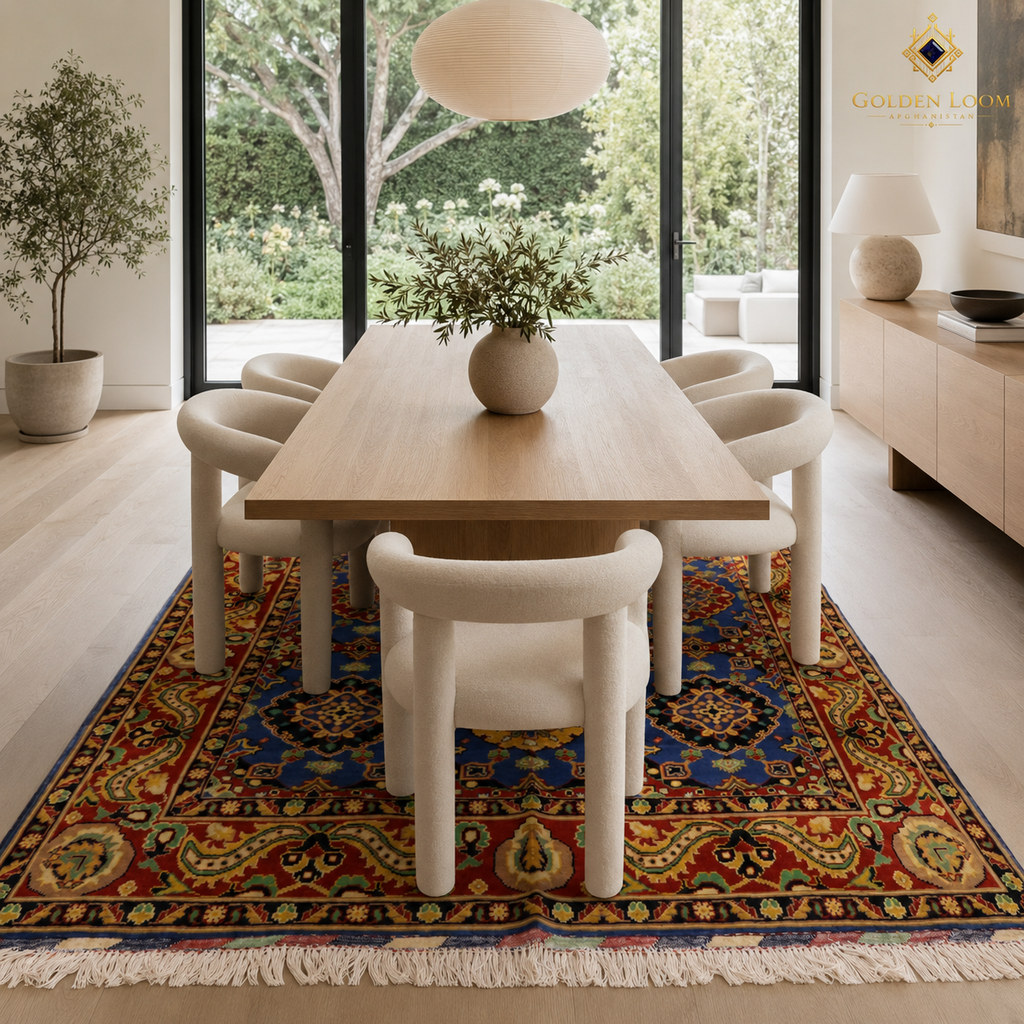 Afghan handmade Mamluk carpet styled in a minimalist Scandinavian dining room with oak table and floor-to-ceiling garden windows — crimson and navy by Golden Loom Afghanistan