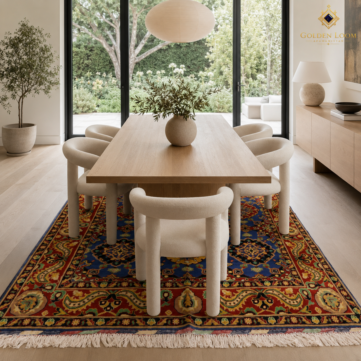 Afghan handmade Mamluk carpet styled in a minimalist Scandinavian dining room with oak table and floor-to-ceiling garden windows — crimson and navy by Golden Loom Afghanistan
