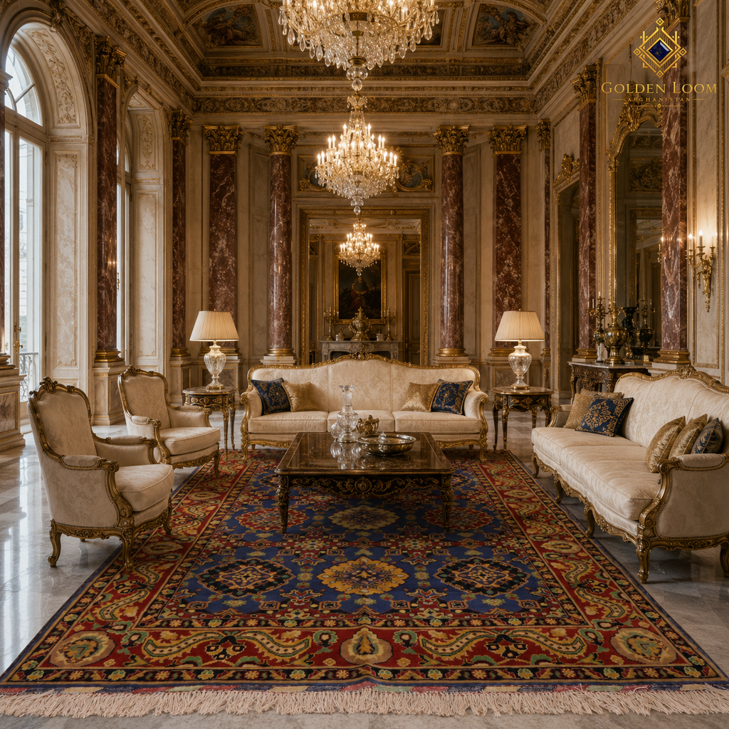 Afghan hand-knotted Mamluk rug in a Baroque palace salon with gilded Louis XV furniture, marble columns, and grand crystal chandeliers — navy blue and crimson