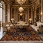 Afghan hand-knotted Mamluk rug in a Baroque palace salon with gilded Louis XV furniture, marble columns, and grand crystal chandeliers — navy blue and crimson