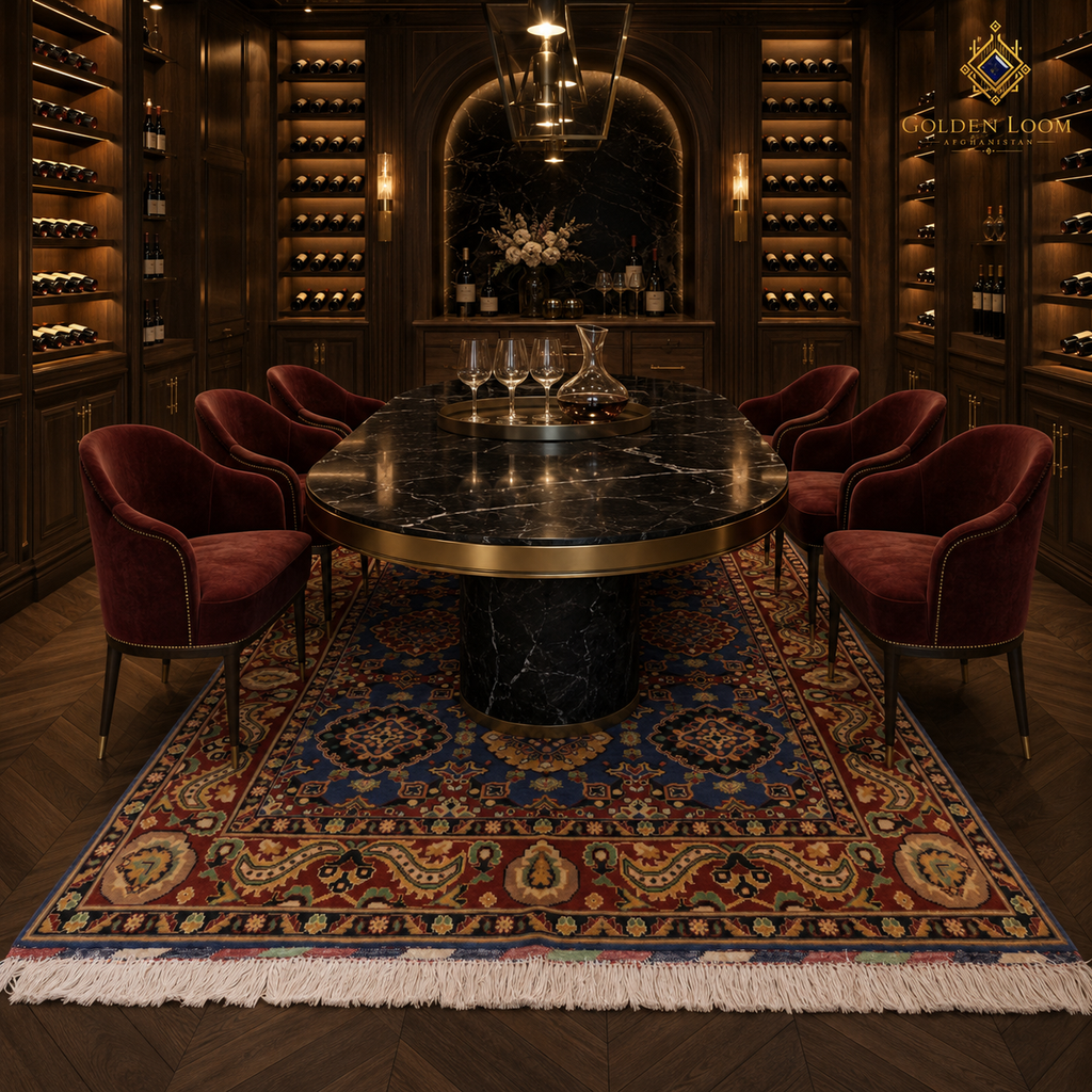 Afghan handmade Gul pattern carpet in a luxury private wine cellar dining room with black marble table and velvet chairs — crimson and navy by Golden Loom Afghanistan