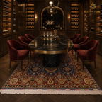 Afghan handmade Gul pattern carpet in a luxury private wine cellar dining room with black marble table and velvet chairs — crimson and navy by Golden Loom Afghanistan