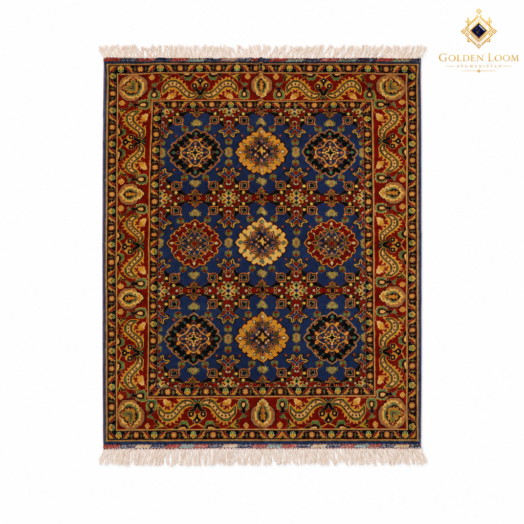 Afghan handmade Mamluk-style rug with three vertical medallions on navy blue field, burgundy border with paisley motifs, and natural fringe
