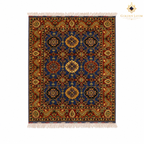Afghan handmade Mamluk-style rug with three vertical medallions on navy blue field, burgundy border with paisley motifs, and natural fringe