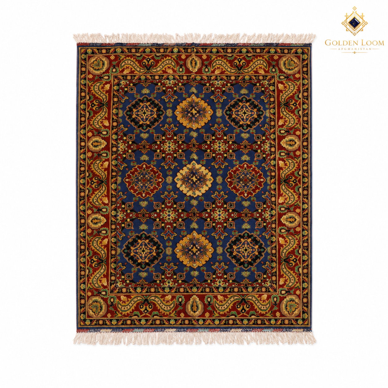 Afghan handmade Mamluk-style rug with three vertical medallions on navy blue field, burgundy border with paisley motifs, and natural fringe