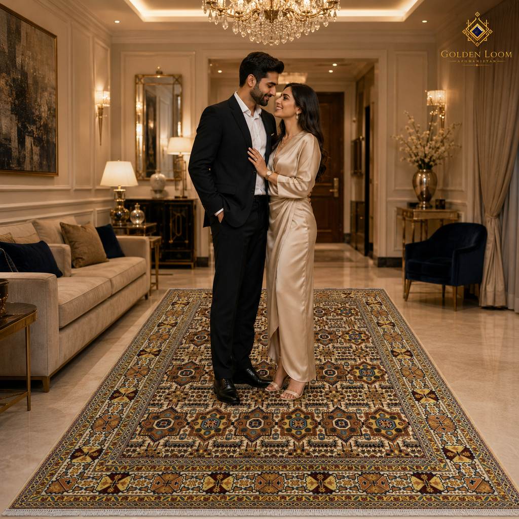 Afghan hand-knotted Mamluk carpet with geometric pattern styled in a luxury hotel foyer with crystal chandelier and gold accents