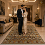Afghan hand-knotted Mamluk carpet with geometric pattern styled in a luxury hotel foyer with crystal chandelier and gold accents