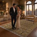 Large Afghan hand-knotted wool rug with ivory and gold geometric design in an Italian Renaissance palazzo with arched windows and Florence skyline
