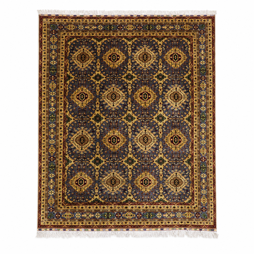 Hand-knotted Afghan area rug with all-over geometric medallion design in deep slate and antique gold, framed by a multi-stripe crimson and ivory border with hand-tied fringe — Golden Loom Afghanistan