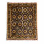 Hand-knotted Afghan area rug with all-over geometric medallion design in deep slate and antique gold, framed by a multi-stripe crimson and ivory border with hand-tied fringe — Golden Loom Afghanistan