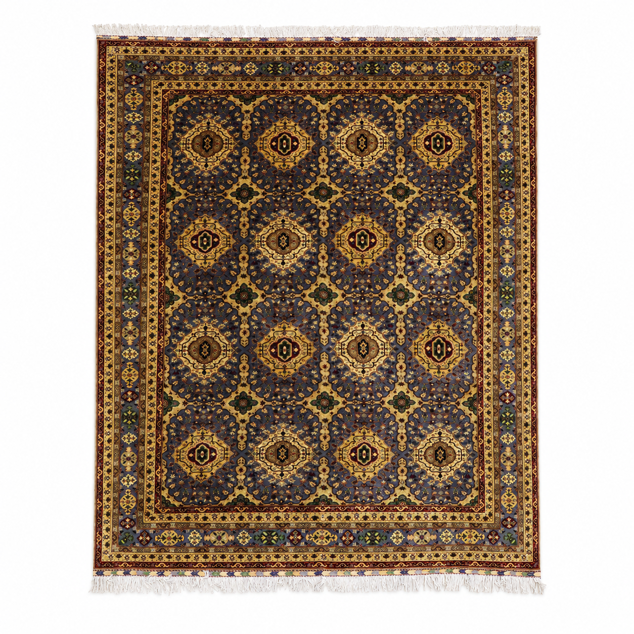 Hand-knotted Afghan area rug with all-over geometric medallion design in deep slate and antique gold, framed by a multi-stripe crimson and ivory border with hand-tied fringe — Golden Loom Afghanistan