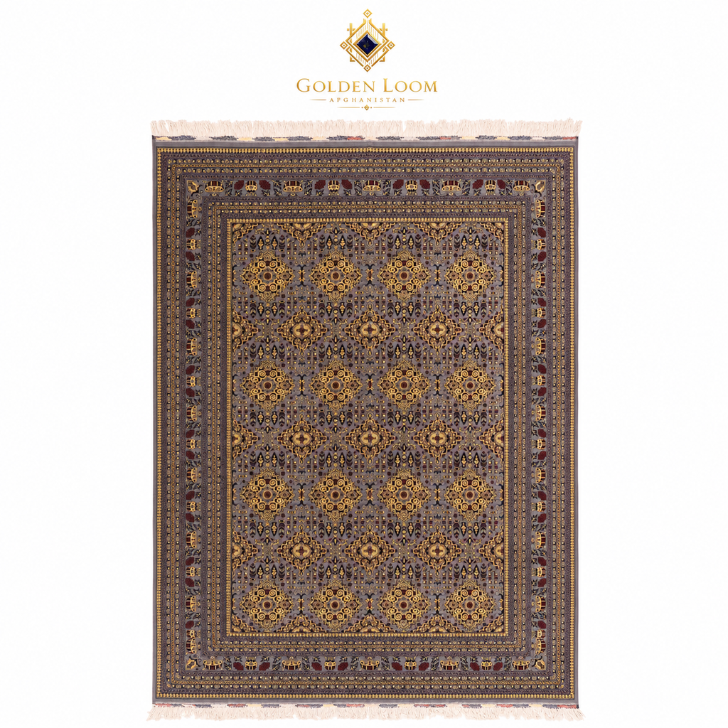 Overhead view of hand-knotted Afghan rug in grey and gold with all-over floral medallion design and decorative border