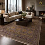 Hand-knotted Afghan carpet in slate grey and gold under a contemporary living room seating arrangement with floor-to-ceiling city skyline views