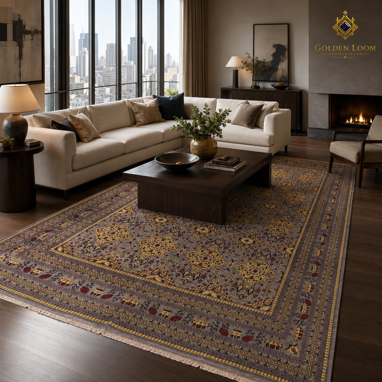 Hand-knotted Afghan carpet in slate grey and gold under a contemporary living room seating arrangement with floor-to-ceiling city skyline views
