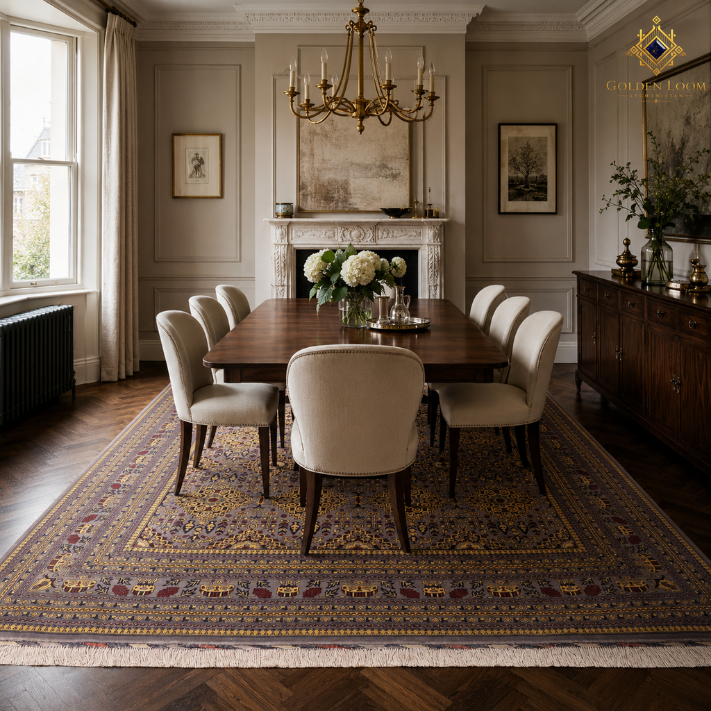 Hand-knotted Afghan carpet in grey and gold under a formal English dining table with chandelier and fireplace