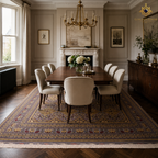 Hand-knotted Afghan carpet in grey and gold under a formal English dining table with chandelier and fireplace