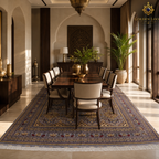 Hand-knotted Afghan carpet in slate grey with gold medallions styled in an Arabian luxury dining room with arched architecture