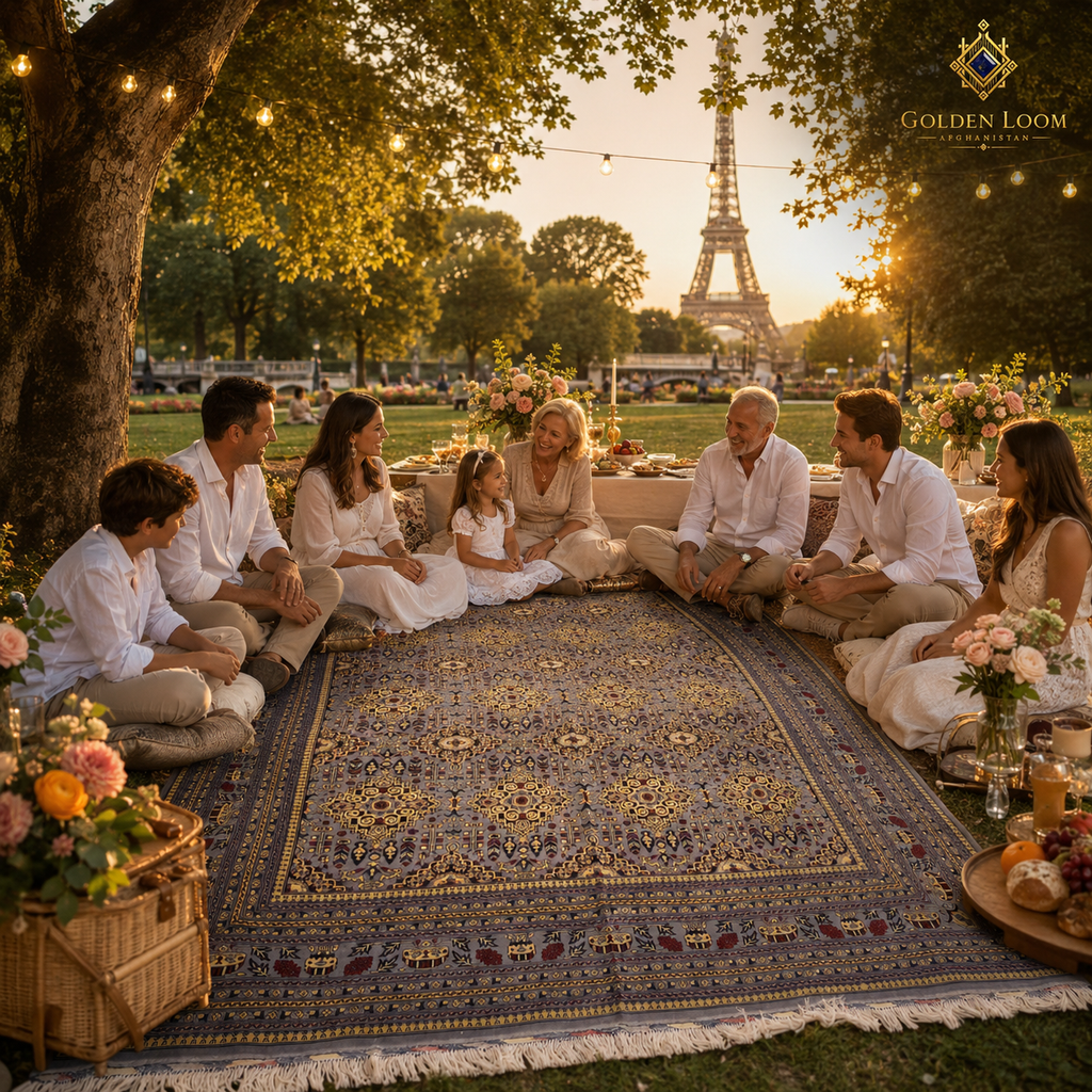 Hand-knotted Afghan carpet used as an outdoor picnic rug by a family gathering at sunset with the Eiffel Tower in the background