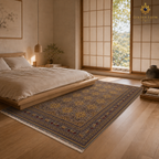 Hand-knotted Afghan carpet styled in a minimalist Japanese bedroom with platform bed and warm wood tones