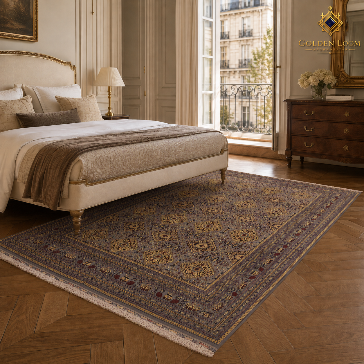 Hand-knotted Afghan carpet in warm taupe and gold floral medallion pattern styled in a classic Parisian bedroom with herringbone parquet floor
