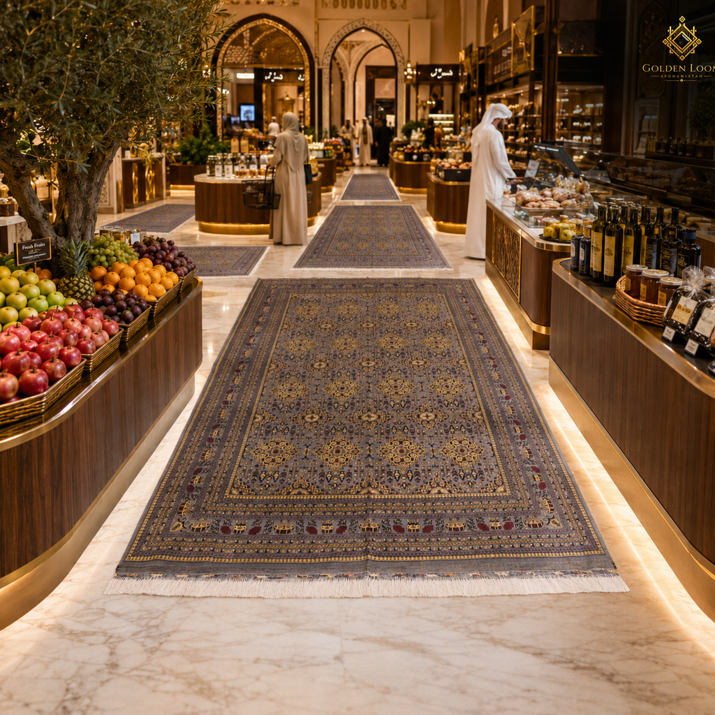 Hand-knotted Afghan runner carpet displayed in a luxury Gulf market corridor with marble floors and warm ambient lighting