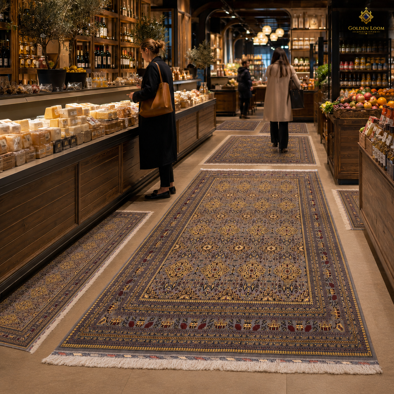 Hand-knotted Afghan runner carpets in grey and gold laid across a warm-lit artisan market corridor with wooden shelving and shoppers