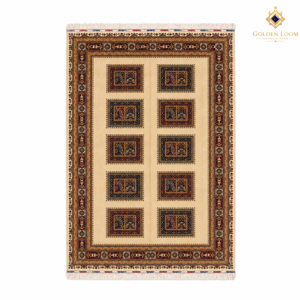 Top view of a hand-knotted Afghan area rug featuring a 2x5 grid of ornate floral medallion panels on an ivory ground with multi-layered burgundy and gold border