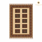 Top view of a hand-knotted Afghan area rug featuring a 2x5 grid of ornate floral medallion panels on an ivory ground with multi-layered burgundy and gold border
