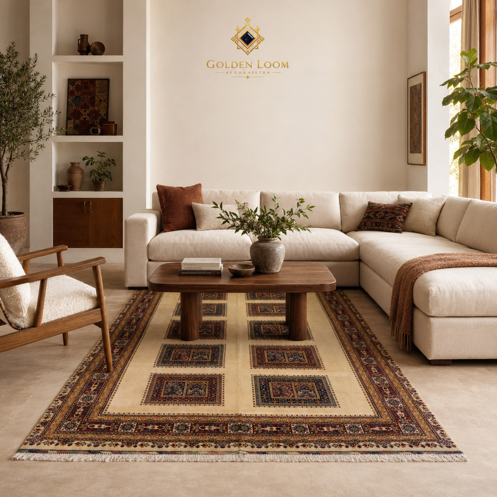 Afghan hand-knotted ivory and burgundy panel rug styled in a modern living room with cream sectional sofa, walnut coffee table, and warm neutral décor — Golden Loom Afghanistan