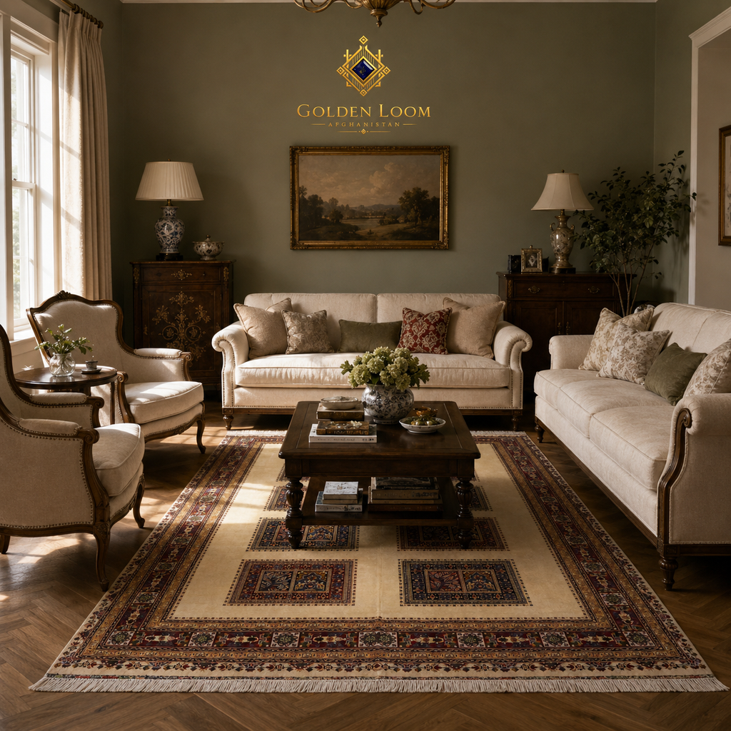 Hand-knotted Afghan wool rug with ivory field and geometric medallion panels styled under a walnut coffee table in a classic cream and sage living room — Golden Loom Afghanistan