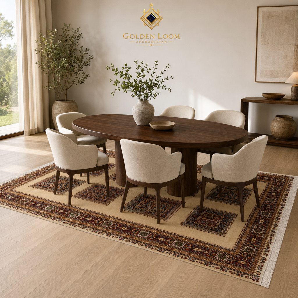 Afghan hand-knotted wool rug with ivory ground and corner medallion panels styled under an oval walnut dining table with bouclé chairs in a bright Scandinavian dining room — Golden Loom Afghanistan
