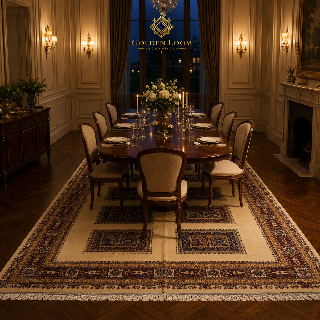 Afghan hand-knotted panel rug in ivory and burgundy anchoring a candlelit formal dining room with mahogany oval table, Louis XVI chairs, and gilded wall sconces — Golden Loom Afghanistan