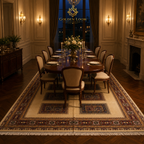 Afghan hand-knotted panel rug in ivory and burgundy anchoring a candlelit formal dining room with mahogany oval table, Louis XVI chairs, and gilded wall sconces — Golden Loom Afghanistan