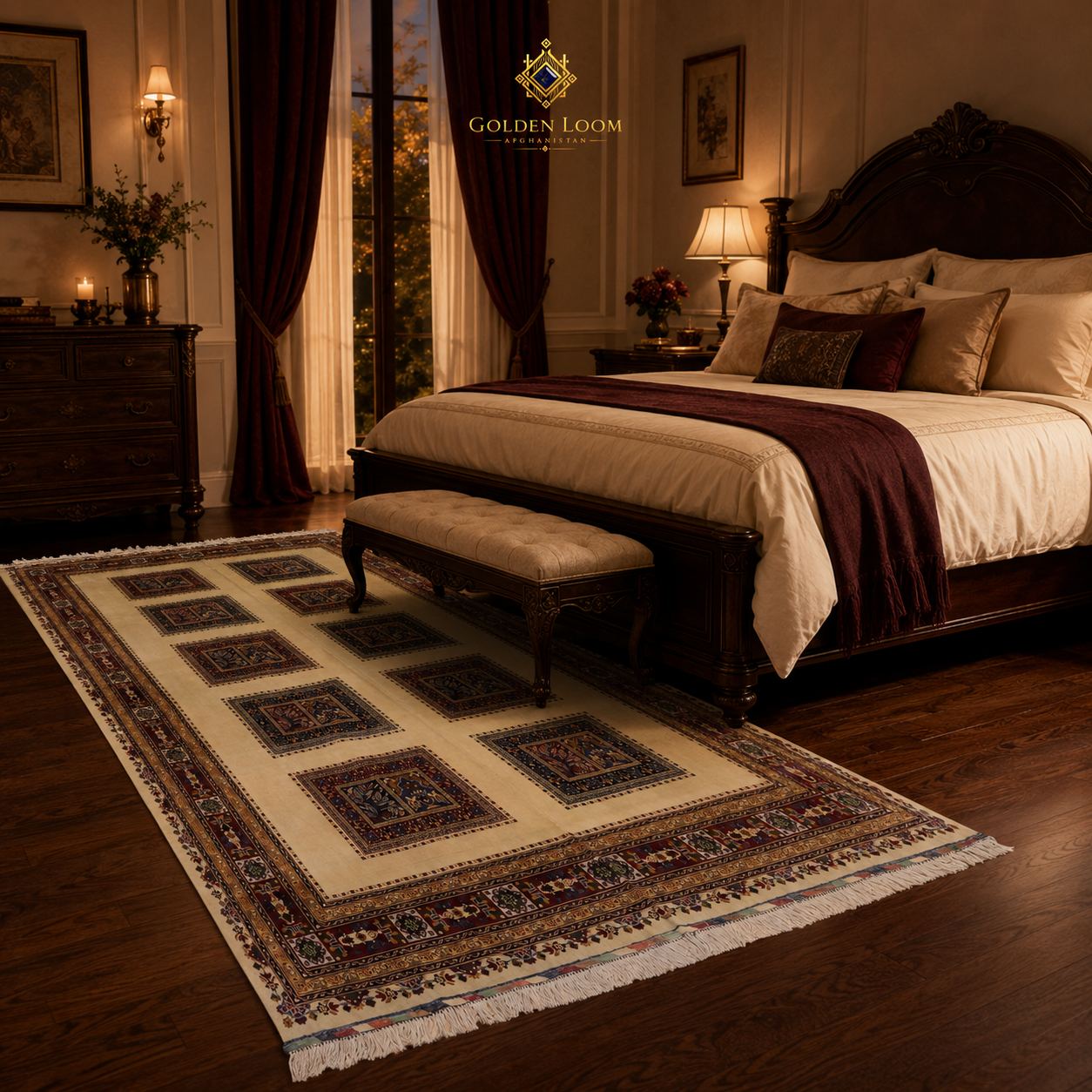 Afghan hand-knotted panel rug in ivory and burgundy placed at the foot of a mahogany king bed in a warmly lit luxury bedroom — Golden Loom Afghanistan