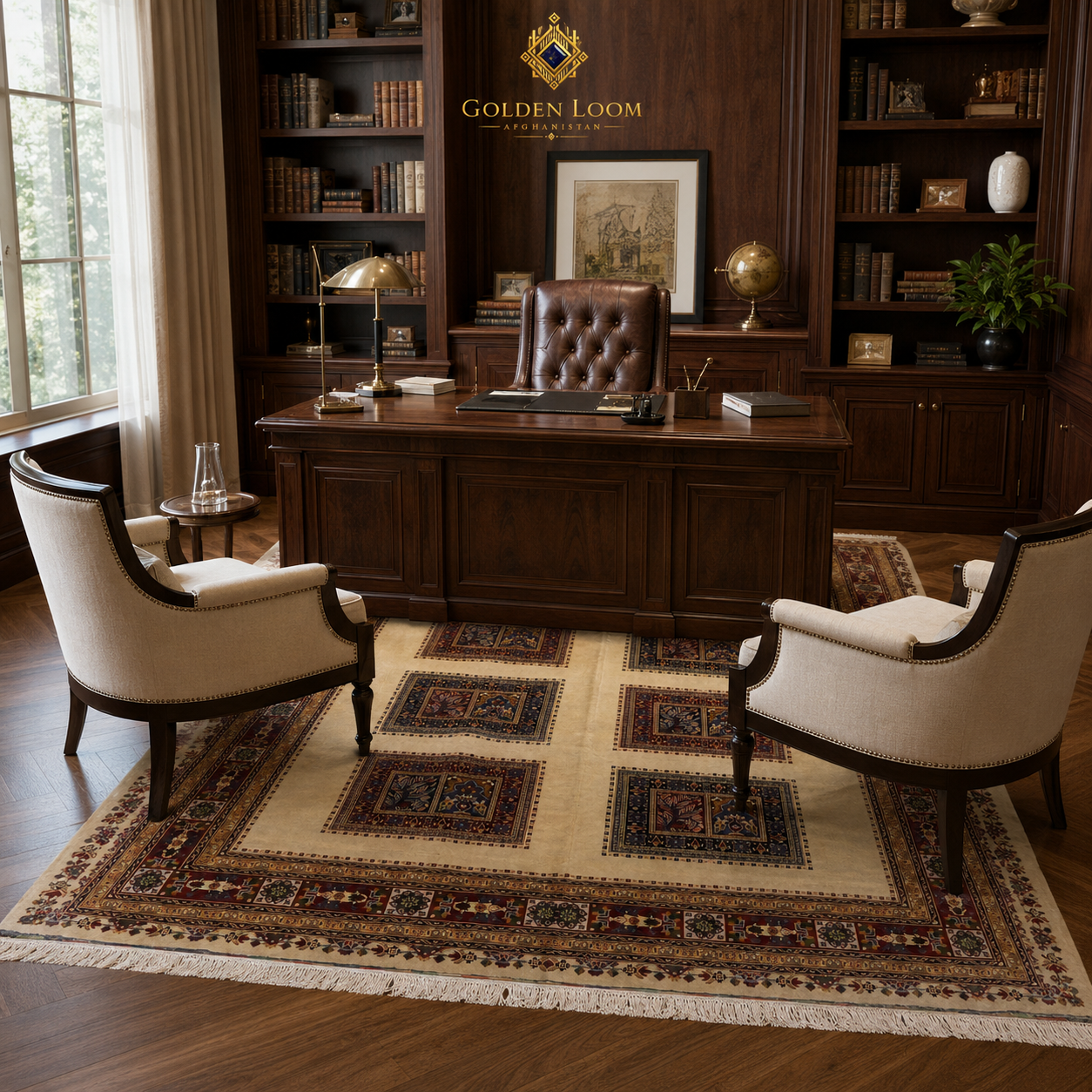 Hand-knotted Afghan wool rug with geometric panel design styled under a mahogany executive desk in a dark-paneled English study with leather Chesterfield chair and brass lamp — Golden Loom Afghanistan