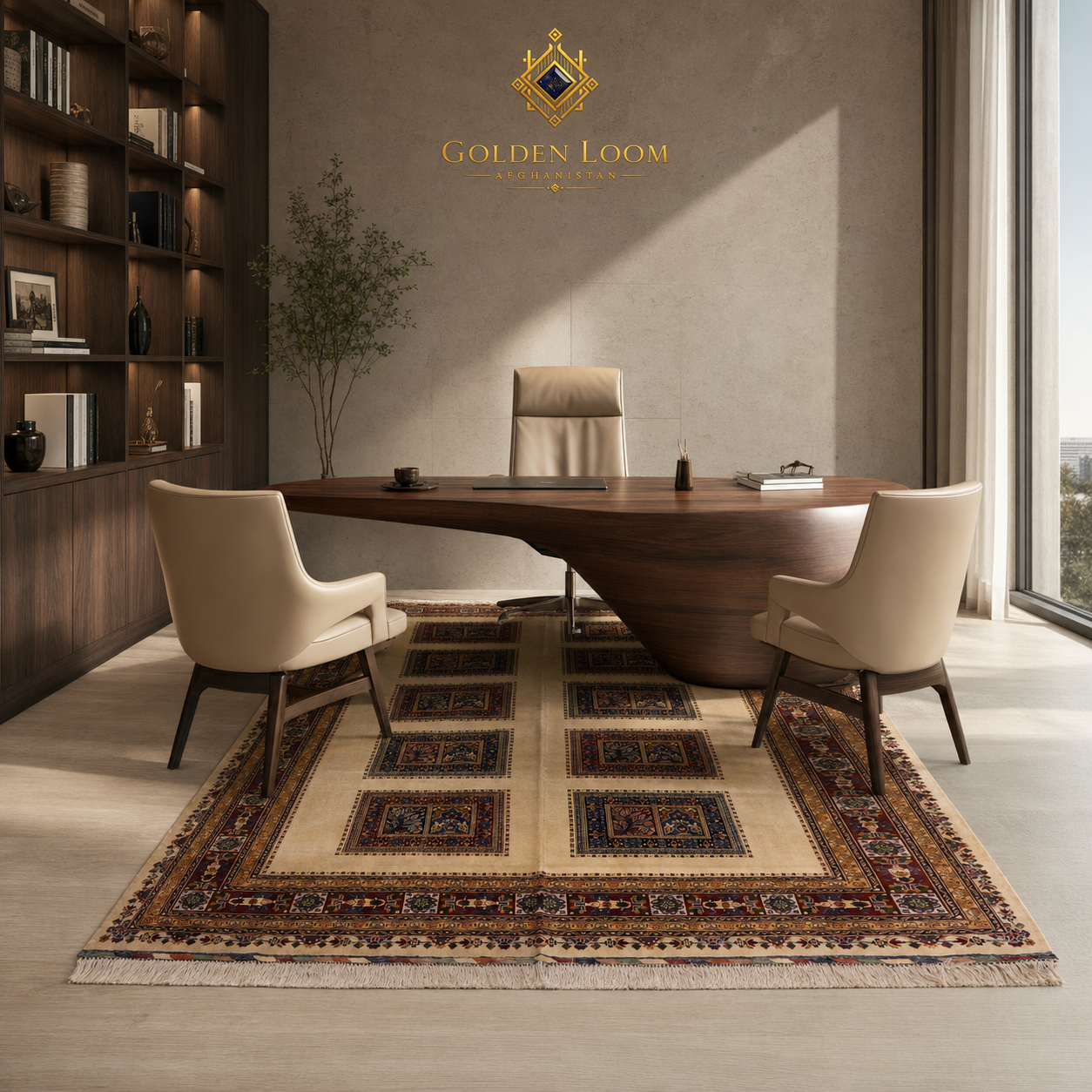 Hand-knotted Afghan rug with multi-panel geometric design styled under a sculptural walnut executive desk in a contemporary office with floor-to-ceiling windows — Golden Loom Afghanistan
